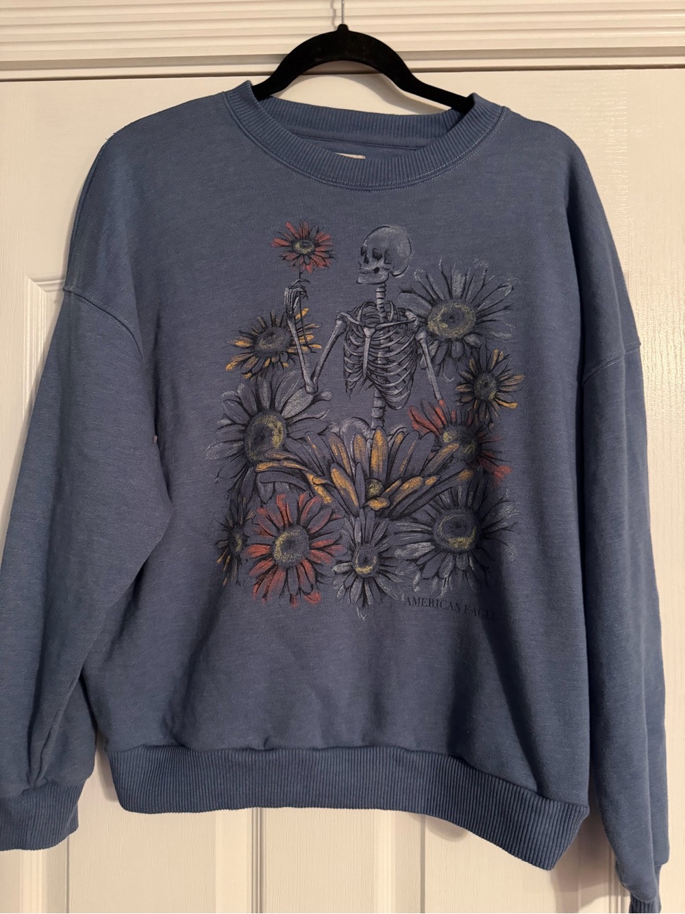 Blue Graphic Skeleton & Flowers Crewneck Sweatshirt